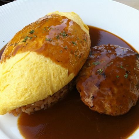 Japanese Omurice with Hamburger Steak in Red Wine Sauce Omurice Aesthetic, Japanese Omurice, Japanese Hamburger Steak, Omelette Rice, Red Wine Sauce, Hamburger Steak, Wine Sauce, Japan Food, Breakfast Lunch Dinner