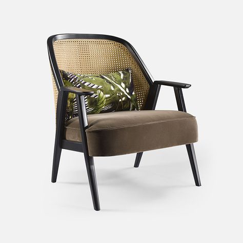 Armchair for hotel, restaurant: Kan | Collinet Retro Chairs, Tropical Furniture, Chair Size, Cane Furniture, Rattan Armchair, Armchair Furniture, Plywood Furniture, Hotel Furniture, Restaurant Furniture