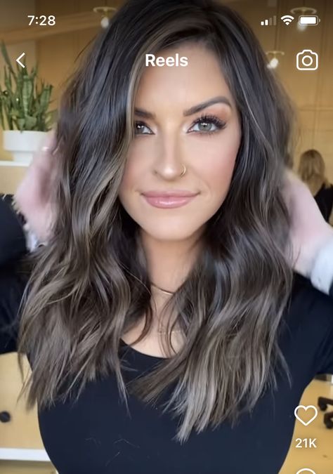 Dark Hair With Teasy Lights, Dark Hair With Mushroom Highlights, 2023 Dark Hair Color Trends For Women, Partial Highlights For Brunettes Ash, Mushroom Highlights On Dark Hair, Low Maintenance Hair Color For Dark Hair, Mushroom Brunette Hair, Cool Toned Balayage Brunette, Dark Brown Hair With Ashy Highlights