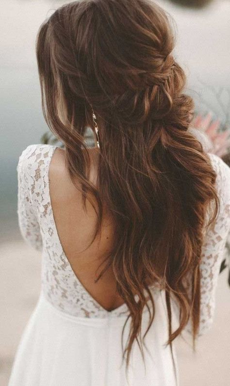 Rustic Wedding Theme, Wedding Hairstyles And Makeup, Boho Wedding Hair, Wedding Hair Down, Elegant Bride, Half Up Half Down Hair, Lace Bridal, Wedding Hairstyles For Long Hair, Formal Hairstyles