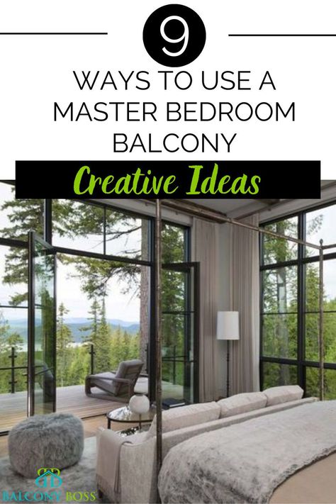 Having a balcony off your master bedroom can be great, providing you use the space well. It’s easy to overlook a master bedroom balcony as an awkward space attached to your bedroom that won’t see much use. But that shouldn’t be the case. Whether you decide to treat it as an extension of the indoors or as its own unique area, there are plenty of creative uses for it. To get you started, here are 9 master bedroom balcony ideas. Bedroom With Deck Access, Master Suite Balcony Ideas, Balcony Off Master Bed, Patio Outside Bedroom, Bedroom With Balcony Design Master Suite, Bedroom Balcony Second Story, Bedroom With Balcony Design, Bedroom Patio Ideas, Balcony Hacks