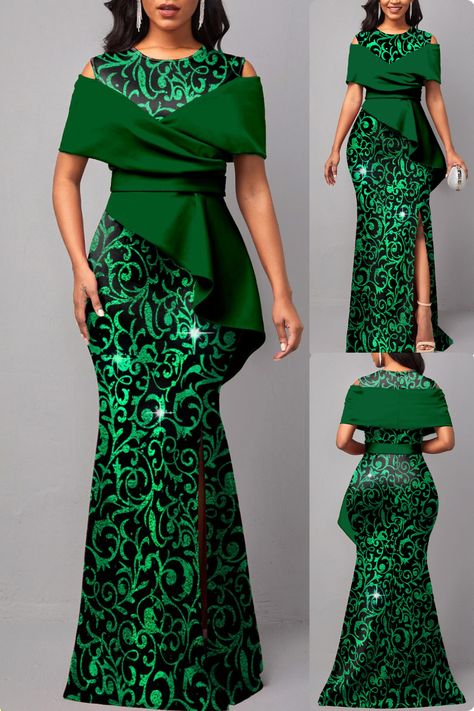 Get ready for a touch of elegance with the Green Floral Print Maxi Dress from Rosewe! 🌿 Featuring a flattering round neck, stylish cold shoulder sleeves, and captivating hot stamping details, this dress is perfect for parties, evenings, cocktails, and wedding guest occasions. Made from 97% polyester and 3% spandex, it’s both comfortable and chic. 🌸 #RoseweFashion #PartyReady #EveningGlam #MaxiDress #FloralPrint #Elegance #FashionInspo Lace Gown Styles Nigerian, Cocktail Dress Elegant, Elegant Bodycon Dress, Lace Gown Styles, Green Maxi Dress, African Maxi Dresses, Gown Styles, Design Dresses, Green Floral Print