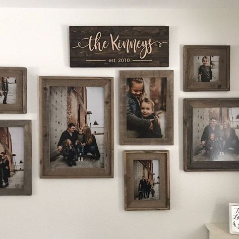 Walls With Pictures, Family Photo Gallery Wall, Picture Wall Living Room, Family Pictures On Wall, Family Gallery Wall, Picture Arrangements, Barn Wood Picture Frames, Display Family Photos, Family Photo Wall