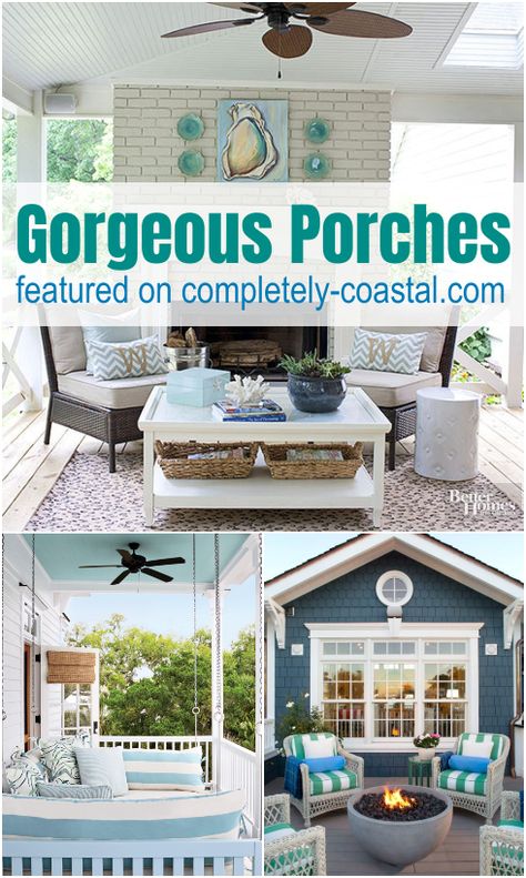 Beach Patio Ideas Coastal Cottage, Beach House Front Porch Coastal, Beach Theme Porch, Coastal Porches And Patios, Front Porch Beach House, Coastal Farmhouse Landscaping, Coastal Patio Decorating Ideas, Beach Patio Decorating Ideas, Beach House Patio Coastal