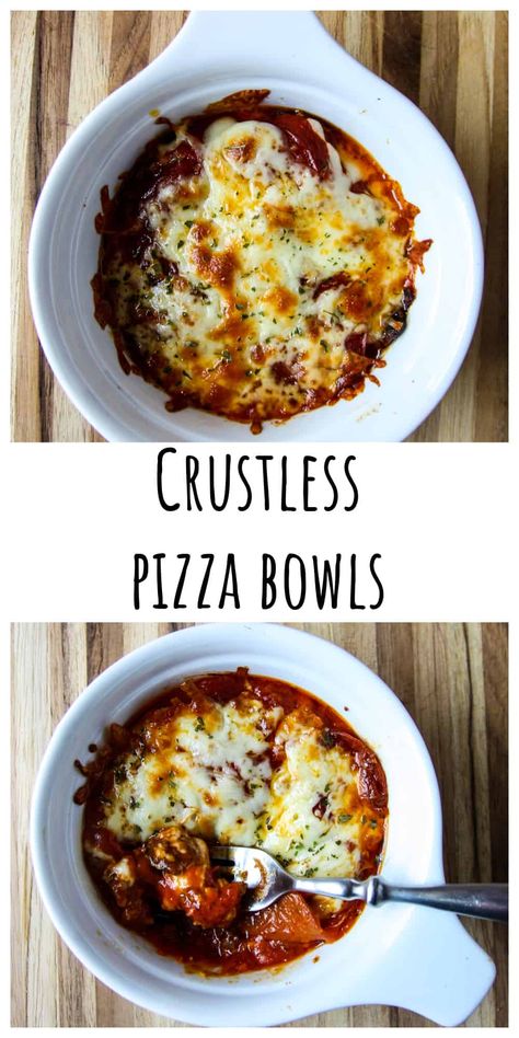 Easy and delicious crustless Pizza Bowls give you all the pizza flavors and cheesy goodness minus the carbs. Pizza in a Bowl is quick and easy to put together and customize and it's gluten free, keto, and low carb. Pizza Bowls Low Carb In Oven, Keto Crustless Pizza Bowls, Pizza Bowls Low Carb, Crustless Pizza Bowl, Keto Pizza Bowl, Pizza Bowls, Low Sugar Dinners, Crustless Pizza, Low Sugar Diet Recipes