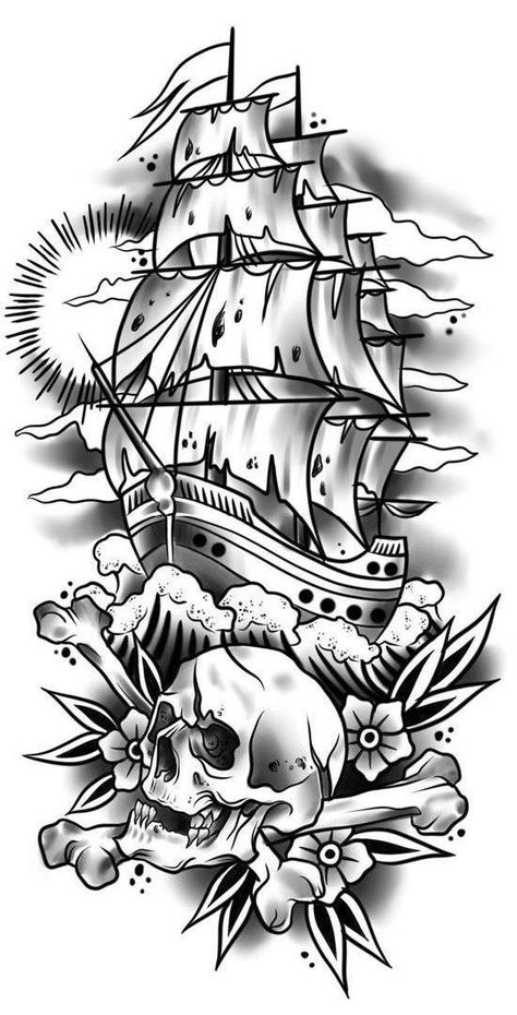 Traditional Nautical Tattoo, Traditional Ship Tattoo, Pirate Skull Tattoos, Pirate Ship Tattoos, Nautical Tattoo Sleeve, Pirate Ship Tattoo, Character Design Concept Art, Illusion Tattoos, Optical Illusion Tattoos