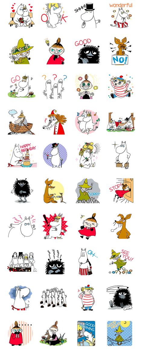 Express yourself with the second edition of funny LINE stickers! - Moomin Moomin Stickers, Moomin Tattoo, Moomin Wallpaper, Moomin Valley, Tove Jansson, Animated Stickers, Line Sticker, Line Store, Illustrations And Posters