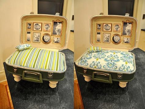 old suitcases turned into pet beds (make sure to secure the lid open) Pet Christmas Presents, Diy Cat Bed, Chat Diy, Diy Suitcase, Diy Pet Bed, Bed Steps, Old Suitcases, Vintage Suitcase, Vintage Luggage