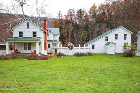 1860 Federal Farmhouse For Sale in Renovo, Pennsylvania - OldHouses.com Federal Farmhouse, Built In Shelving, Blown In Insulation, Workshop Garage, Colonial Exterior, Sounds Of Nature, Barn Workshop, New Windows, Cast Iron Radiators