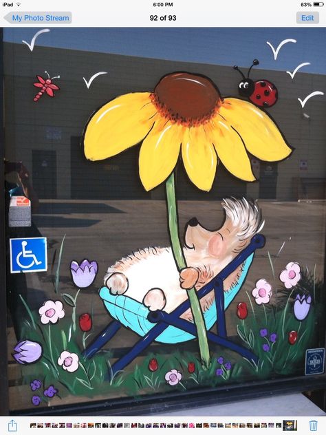 April Window Painting, Window Drawing Ideas Spring, Easter Window Art Ideas, Spring Murals For School, Window Painting Ideas Spring, Spring Window Ideas, Window Murals Ideas, Spring Painted Windows, Spring Window Painting Ideas Easy