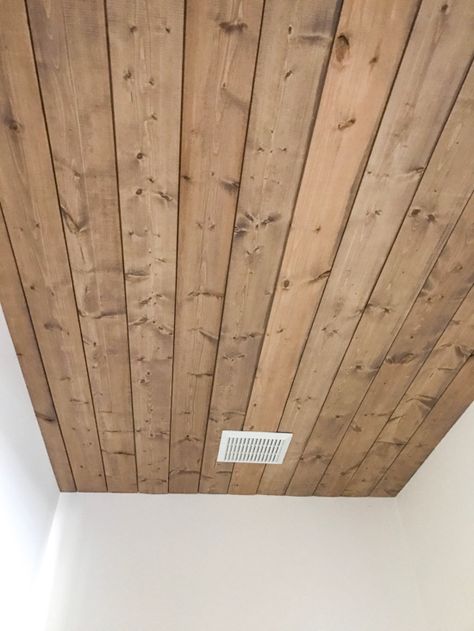 One Room Challenge Week 4 - Tile & Ceiling Updates - Half Bath Ceiling Ideas, Teak Bathroom Ceiling, Wood Plank Ceiling Bathroom, Wood Ceiling Bathroom, Cedar Plank Ceiling, Bathroom Ceiling Ideas, Plank Ceilings, Ceiling Tiles Bathroom, Planked Ceiling