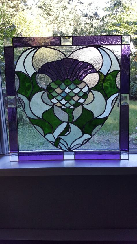 Custom Design  Scottish Thistle  21 3/8 squared Youghaheny stipple glass Spectrum, water glass, irodescent Clear glue chip. Lisa Tankersley designs Stainglass Ideas, Scottish Traditions, Ulster Scots, Fish Board, Lead Light, Thistle Pattern, Stained Glass Candles, Hallway Flooring, Stained Glass Window Panel