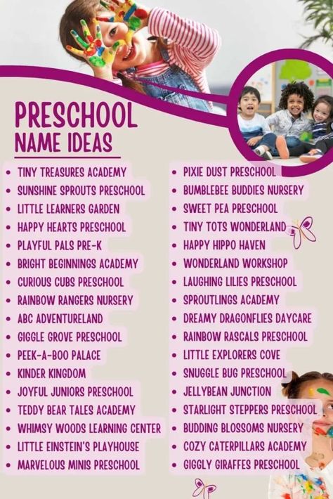 Preschool Name Ideas Daycare Classroom Names Ideas, Kindergarten Group Names Ideas, Preschool Class Names Ideas, Childcare Names Ideas, Daycare Names Catchy, Class Names Ideas, Classroom Names Ideas, Daycare Names Ideas, School Names Ideas