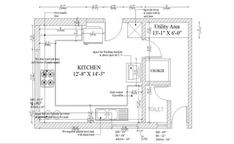 Layout plan of Kitchen with detail dimensions in Autocad Utility Area, Plumbing Layout, Kitchen Floor Plan, Kitchen Layout Plans, Layout Plan, Kitchen Utilities, Detailed Plans, Kitchen Plans, Kitchen Layout