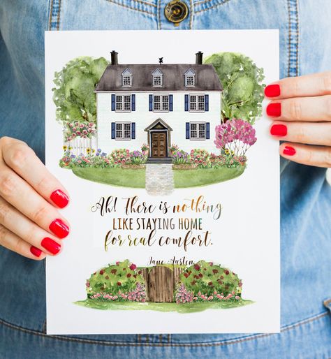 This is a listing of a watercolor cozy house with Jane Austen quote or without the quote. It would look perfect on your wall. Perfect Jane Austen wall art.  Jane Austen quote There is nothing like staying at home for real comfort.  Literary gift, Book Lover  gift for readers, Jane Austen Wall art You can choose from 4 of any design (4X5) Literary  Postcards or 4 greeting cards w/envelopes Print sizes: 4X5 // 5 X7 // 8 X 10  Colors: full color print Printed on premium 225gsm bright white resin co Jane Austen Quote, Jane Austen Quotes, Literary Gifts, Gifts For Readers, Printed Envelopes, Color Print, Digital Sticker, Jane Austen, Book Lovers Gifts