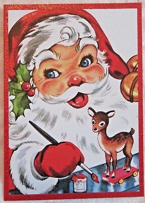 Vintage Style Christmas Card UNUSED MCM Glitter Santa Painting Baby Deer Toy 3 Christmas Lockscreen, Santa Christmas Cards, Vintage Reindeer, Christmas Phone Wallpaper, Vintage Christmas Images, Mid Century Christmas, Old Fashioned Christmas, Christmas Past, Vintage Christmas Cards