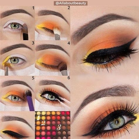 Orange Eye Makeup, Eye Makeup Cut Crease, Orange Eyeshadow, Great Makeup, Trendy Eyeshadow, Yellow Eyeshadow, Orange Makeup, Makeup Tutorial Step By Step, Makeup For