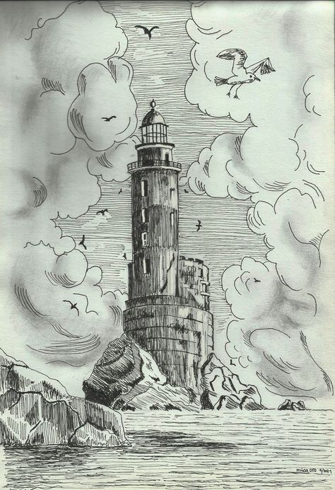 Mercusuar Drawing, Horizon Drawing Ideas, Light House Sketch, Beach Drawing Aesthetic, Light House Drawing Sketches, Horizon Sketch, Lighthouse Drawings, Seascape Drawing, Lighthouse Sketch