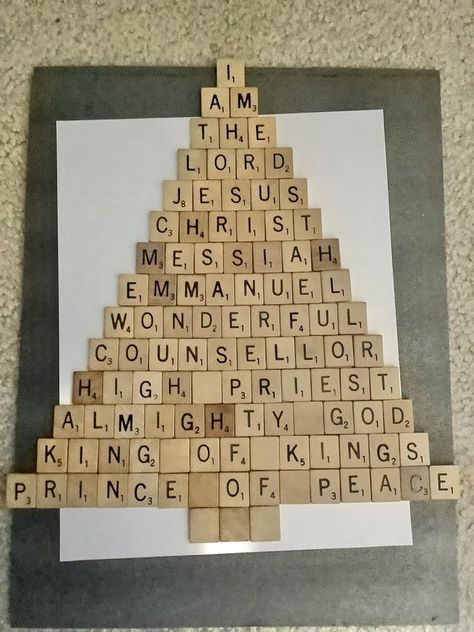 Crafty Fun Group | Scrabble tile Christmas tree. | Facebook Scrabble Tile Crafts Diy, Tile Christmas Tree, Christmas Scrabble Tiles, Scrabble Christmas Ornaments, Cheap Homemade Gifts, The Names Of Jesus, Scrabble Christmas, Scrabble Letter Crafts, Scrabble Tile Art