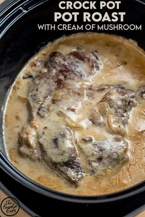 With just 3 ingredients, this Crock Pot pot roast with cream of mushroom soup may be the easiest recipe on the entire internet. But don't let that fool you... It is second to none in flavor! #crockpotpotroast #slowcookerpotroast #potroastwithcreamofmushroomsoup #easypotroast Crockpot Pot Roast, Crockpot Roast Recipes, Pot Roast Crock Pot Recipes, Easy Pot Roast, Chuck Roast Recipes, Pot Roast Recipe, Mushroom Soup Recipes, Crockpot Roast, Slow Cooker Roast