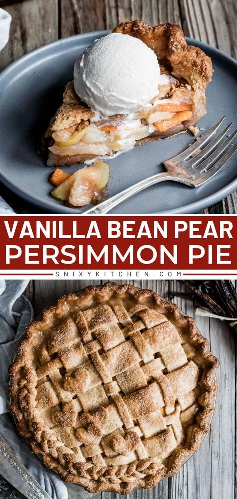 Want an easy Fall dessert? This Vanilla Bean Pear Persimmon Pie is a deliciously homemade pie best served with a scoop of vanilla ice cream. Add this recipe to your simple Fall food ideas! Persimmon Pie, Fall Food Ideas, Easy Christmas Dessert, Desserts With Few Ingredients, Delicious Christmas Desserts, Fall Baking Recipes, Easy Gluten Free Desserts, Christmas Desserts Easy, Easy Autumn Recipes