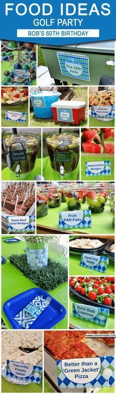 Golf Party Food Ideas | Golf Party Drinks Ideas | Golf Birthday Party Theme Golf Birthday Party Food Ideas, Golf Food Puns, Golf Partee Ideas, 70th Golf Birthday Party Ideas, Caddy Shack Party, Golf Birthday Theme, Caddy Shack Theme Party, Golf Food Ideas, Golf Decorating Ideas Party