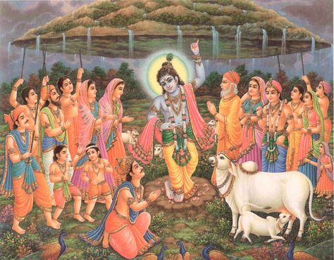 Krishna lifts mountain Govardhana Govardhan Parvat, Govardhan Pooja, Happy Govardhan, King Of Heaven, Hanging Fabric, Krishna Radha Painting, Krishna Wallpaper, Krishna Photos, Krishna Pictures