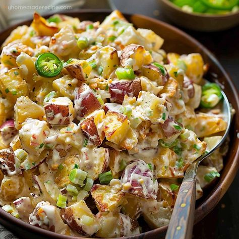 Jalapeño Popper Roasted Potato Salad Recipe | Bold And Zesty - My Home Made Recipe Jalapeno Popper Potato Salad Recipe, Jalapeño Popper Roasted Potato Salad, Potato Salad With Chicken, Jalapeno Popper Salad, Jalapeño Popper Potato Salad, Crispy Potato Salad, Roasted Potato Salad Recipe, Ground Beef Potato Casserole, Beef Potato Casserole