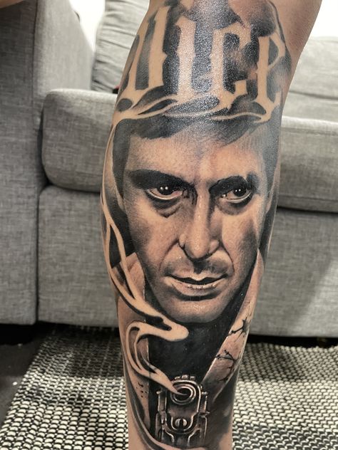 Scarface Hand Tattoo, Scarface Leg Tattoo, Scarface Tattoo Sleeve, Tony Montana Tattoo, Pablo Escobar Tattoo Sleeve, Scarface Tattoo Design, Scarface Lion Tattoo, The World Is Yours Scarface Tattoo Stencil, Scarface Tattoo