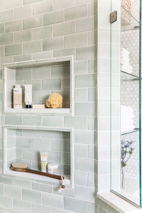 Like the double shampoo niches (plus put one by shower bench wall) Still waiting to show you the tile samples for this color from RedRockTile Shower Shelving, Hawthorn House, Tile Shower Niche, Bathroom 2024, Bathroom Niche, Luxe Bathroom, Tile Options, Cabin Bathrooms, Tile Remodel