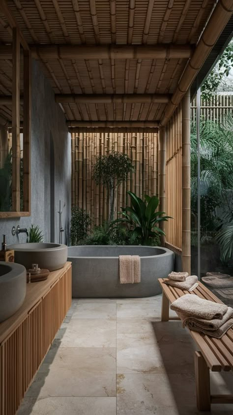 Tulum Bedroom, Modern Luxury Bathroom Design Master Bath, Bali Bathroom, Green Tile Bathroom, Garden Escape, Serene Bathroom, Outdoor Baths, Bali House, Natural Bathroom