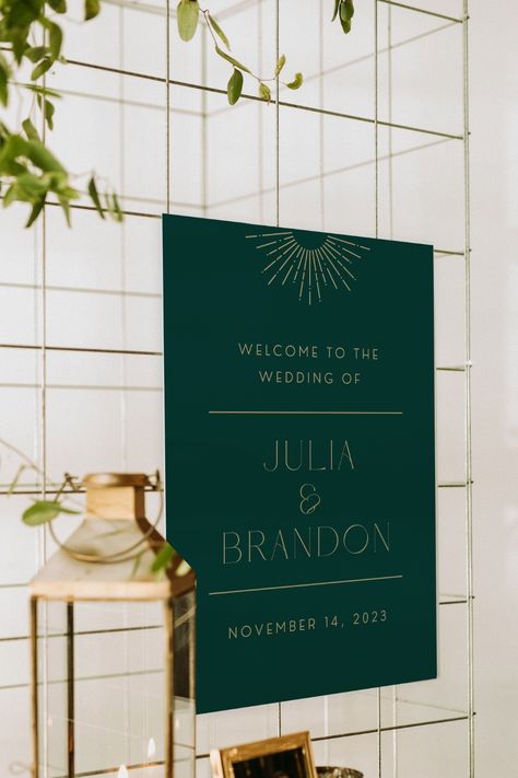 Art Deco Welcome Sign, Art Deco Wedding Sign, Art Deco Wedding Signage, Art Deco Mood Board, Black Gold Art, Welcome To Our Wedding Sign, Template Green, Green Art Deco, Diy Bride