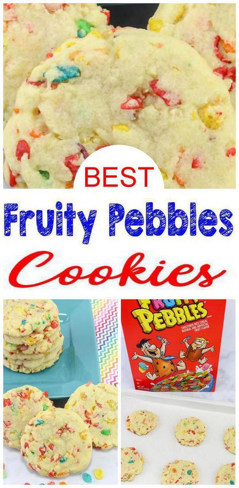 BEST Kids Party Food Recipe! Fruity Pebble Cookies are a great small sweet treat, snack, or kids party desserts! Great for birthdays, bridal shower or baby showers - adults, boys & girls love this DIY homemade secret ingredient cereal Fruity Pebble Cookies. Great for any theme party including unicorn parties, sleepover / slumber parties. #snacks #easyrecipe Fruit Pebble Cookies, Fruity Pebble Cookies Recipes, Savory Birthday Treats, Desserts Kids Love, Fruity Pebble Desserts, Fruity Pebbles Recipes, Fruity Pebbles Dessert, Cereal Themed Party, Fruity Pebble Treats