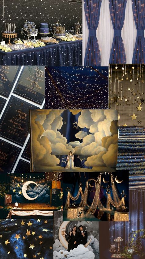 Night Of Stars Party, Pretty Prom Themes, Blue Hollywood Theme Party, Starlight Theme Party, Starry Night School Dance Theme, A Night In The Stars Theme, Van Gogh Starry Night Prom, Prom Themes Starry Night Decoration Party Ideas, Prom Bday Party