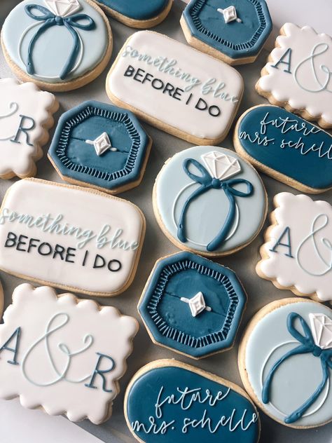 Navy Blue Bridal Shower Ideas, Spa Bridal Shower, Ice Blue Weddings, Wedding Shower Cookies, Bridal Shower Inspo, Something Blue Bridal, Blue Cookies, Bridal Shower Cookies, Blue Bridal Shower