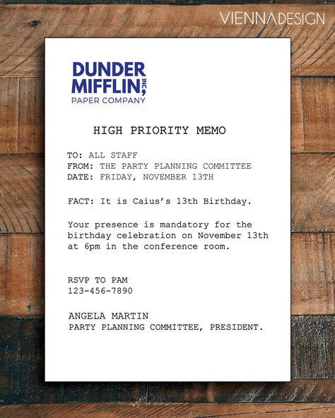 A printable Office themed birthday invitation, delivered to you as digital files!  Planning a birthday party for a die-hard fan of ' The Office ' ??  This 'office memo'  two-sided birthday invitation is the perfect touch. Simple + straight to the point, any office fan won't be able to help but appreciate this invitation!   F I L E S  This invitation will be delivered to you as a printable digital file.  ★ This item is DIGITAL and no physical cards will be shipped. I N V I T A T I O N  S I Z E ★ The Office Bachelor Party, Office Theme Birthday Party, The Office 1st Birthday Party, The Office Wedding Invitation, The Office Invitations, Office Themed 30th Birthday Party, The Office 30th Birthday, Oneder Mifflin, Office Bachelorette Party