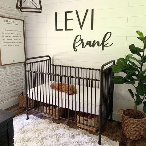 We've shared this nursery before and you guys LOVED it. Now we're excited to actually carry this gorgeous crib.    Photo: @diapersanddecor Black Crib, Metal Crib, Americana Vintage, Fun Nursery, Baby Boy Room Nursery, Wood Name Sign, Nursery Room Boy, Nursery Room Inspiration, Baby Room Design