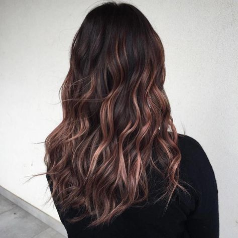 Black Hair with Cool Rosewood Balayage #blackhair Hair Goals Color, Hello Hair, Ombre Blond, Brunette Balayage Hair, Balayage Hair Blonde, Brown Highlights, Rose Gold Hair, Rose Hair, Brown Hair With Highlights