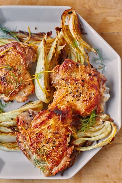 Easy Sheet Pan Oven Roasted Chicken Thighs with Fennel and Lemon Recipe. Looking for ideas for one pan meals and dinners? Try this simple one. You need bone-in skin on chicken thighs, fennel bulbs, garlic, lemon white wine, and rice or bread for serving! Perfect for weeknights or a Sunday supper! Oven Roasted Chicken Thighs, Meat Entrees, Fennel Recipes, Radish Recipes, Roasted Fennel, Pan Recipe, Game Hen, Roasted Chicken Thighs, Chicken Thigh Recipes Oven