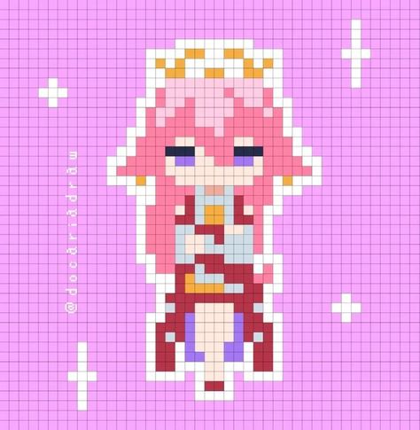 Kokomi Pixel Art, Genshin Pixel Art Grid, Genshin Perler Beads, Pixel Art Genshin, Genshin Pixel Art, Genshin Perler, Hama Art, Modele Pixel Art, Easy Pixel Art