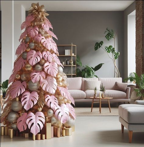 Pink Pampas Christmas Tree, Tropical Xmas Decorations, Christmas Jungle, Monstera Christmas Tree, Feminine Christmas Tree, Pink Aesthetic Christmas Tree, Art Deco Christmas Tree, Tropical Christmas Tree, Christmas 2024 Trends