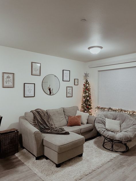 Living Room Circle Mirror, Circle Mirror With Pictures Around It, Mirror With Pictures Around It, Mirror With Pictures, 1st House, Circle Mirror, Grey Wood, Cozy Living Rooms, Cozy Living