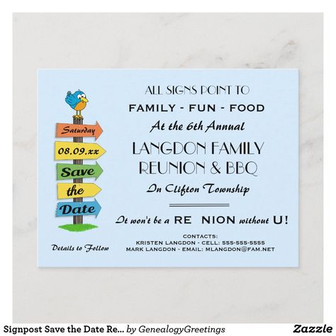 Signpost Save the Date Reunion, Party or Event Announcement Postcard Family Reunion Save The Date, Event Announcement, Funny Save The Dates, Save The Date Ideas, Reunion Party, Reunion Invitations, Family Reunion Planning, Anniversary Invitations, Sign Post