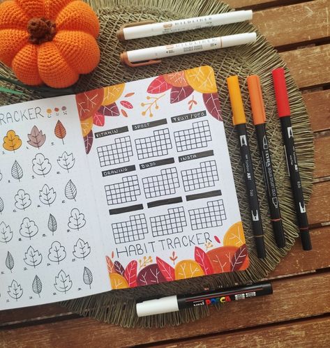 Autumn habit tracker in my bullet journal September Bullet Journal Habit Tracker, Bullet Journal November Habit Tracker, Autumn Habit Tracker, November Habit Tracker Bullet Journal, Autumn Bullet Journal Ideas, Bullet Journal November Spread, Fall Habit Tracker, Autumn Mood Tracker, September Tracker