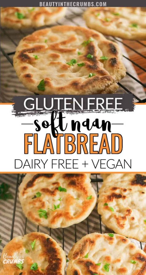 An easy gluten-free flatbread recipe (naan) that only takes 5 ingredients to make. It's done in 35 minutes and can be eaten as a side with curry, or used as the base for pizza, gyros, or your favorite wrap.#easyglutenfreebread #glutenfreedairyfree #flatbread #naan #glutenfreenaa Gluten Free Naan Bread Recipe, Flatbread Wraps, Gluten Free Flatbread Recipe, Gluten Free Naan Bread, Gluten Free Naan, Gluten Free Flatbread, Recipes With Naan Bread, Pain Sans Gluten, Flatbread Recipe