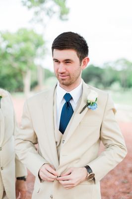 Navy Suit With Gold Tie, Beige Suit With Blue Tie, Tan Suit With Blue Tie, Tan Suit Blue Tie, Tan Prom Suits, Blue Blush And Gold Wedding, Tan Groomsmen Suits, Tan Groomsmen, Tan Suit Wedding