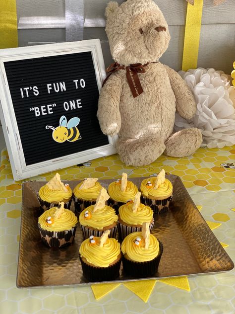 Bee theme party, winnie the pooh, honeycomb Fun To Bee One, Bee Birthday Theme, Bee Themed Birthday Party, Baby First Birthday Themes, Bee Theme Party, Winnie The Pooh Themes, Bee Birthday Party, Baby Boy 1st Birthday Party, Winnie The Pooh Birthday