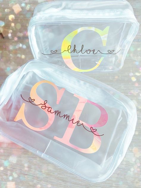 Lunch Box Cricut Ideas, Cricut Lunchbox Ideas, Lit Wedding, Bachelorette Hangover Kit, Cricut Projects Easy, Clear Gift Bags, Personalized Pouch, Clear Cosmetic Bag, Rainbow Holographic