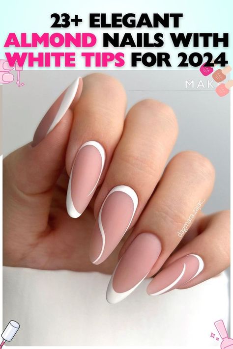 "Creative almond nails with a unique white swirl French tip design in acrylic, ideal for artistic showcases or fashion events. The matte finish on these medium-length nails adds a contemporary touch. Keyword: white French tip almond nails." White French Tip On Almond Nails, Medium Sharp Almond Nails, Diagonal French Tip Nails Almond, Almond French Manicure Designs, Christmas French Tip Nails Almond, Matte Almond Nails Design, Creative Almond Nails, French Tip Nail Designs Almond, Milk White Almond Nails