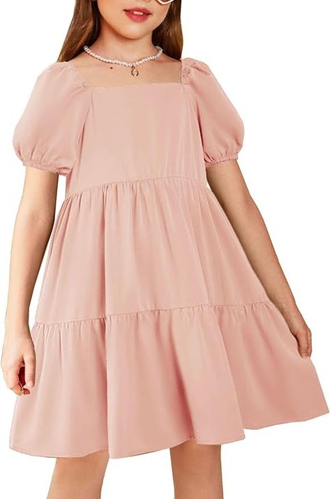 Amazon.com: Arshiner Girl Puff Sleeve Dress A-Line Classic Elegant Beach Ruffled Flowy Swing Shift Casual Dresses for Kids Square Neck Pink Girl Dresses Size 7-8: Clothing, Shoes & Jewelry Dress With Square Neck, Kids Summer Dresses, Dresses Short Sleeve, Dresses For Kids, Girls Pink Dress, Petal Sleeve, Puff Sleeve Dress, Dress A Line, Chiffon Ruffle